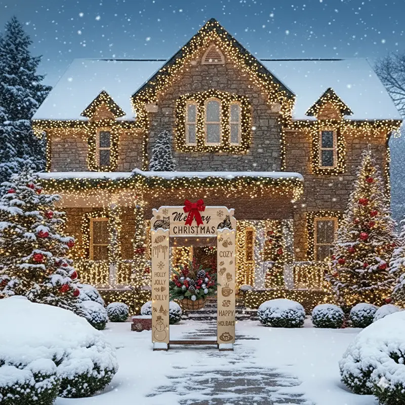 StandCraft Canada display stand decorated with a 'Merry Christmas' sign and festive themes, shown outside a snow-covered home with holiday lights.