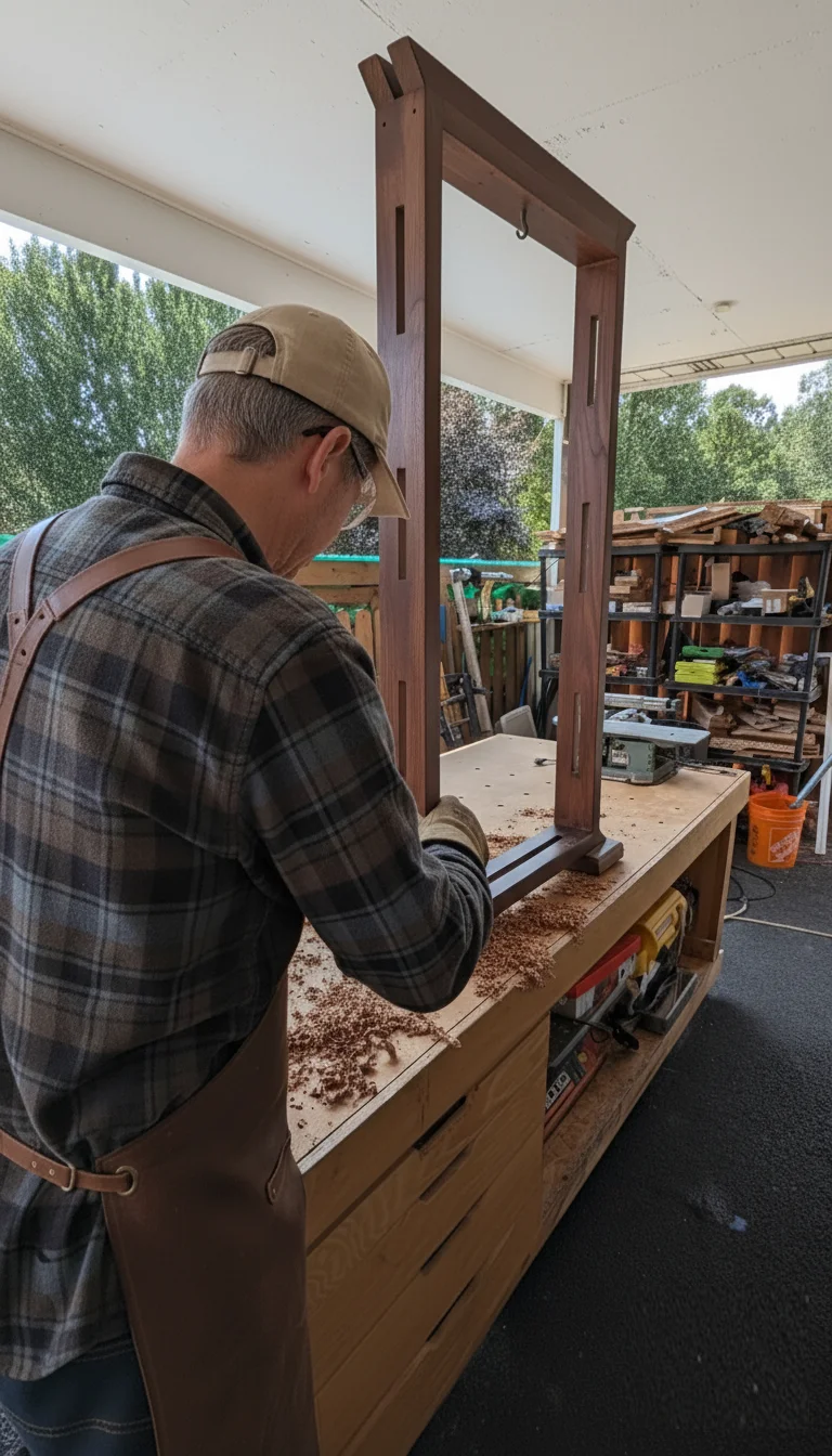 A StandCraft Canada craftsman in a leather apron, carefully hand-finishing a dark wood custom display stand in the workshop.