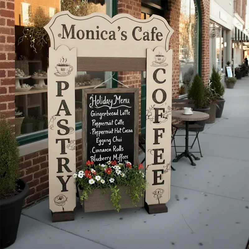 StandCraft Canada display stand used as a custom sign for 'Monica's Cafe', featuring 'Pastry' and 'Coffee' side panels, a chalkboard holiday menu, and a flower planter box.