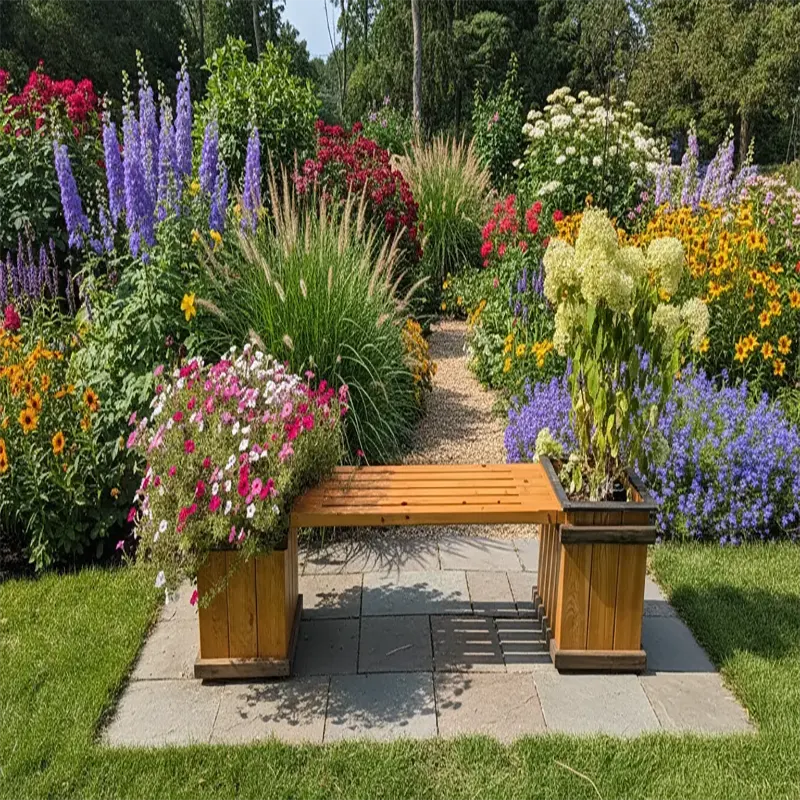 Handcrafted wooden garden bench by StandCraft Canada, featuring integrated planter boxes on each side filled with flowers, shown on a stone patio surrounded by a vibrant garden.