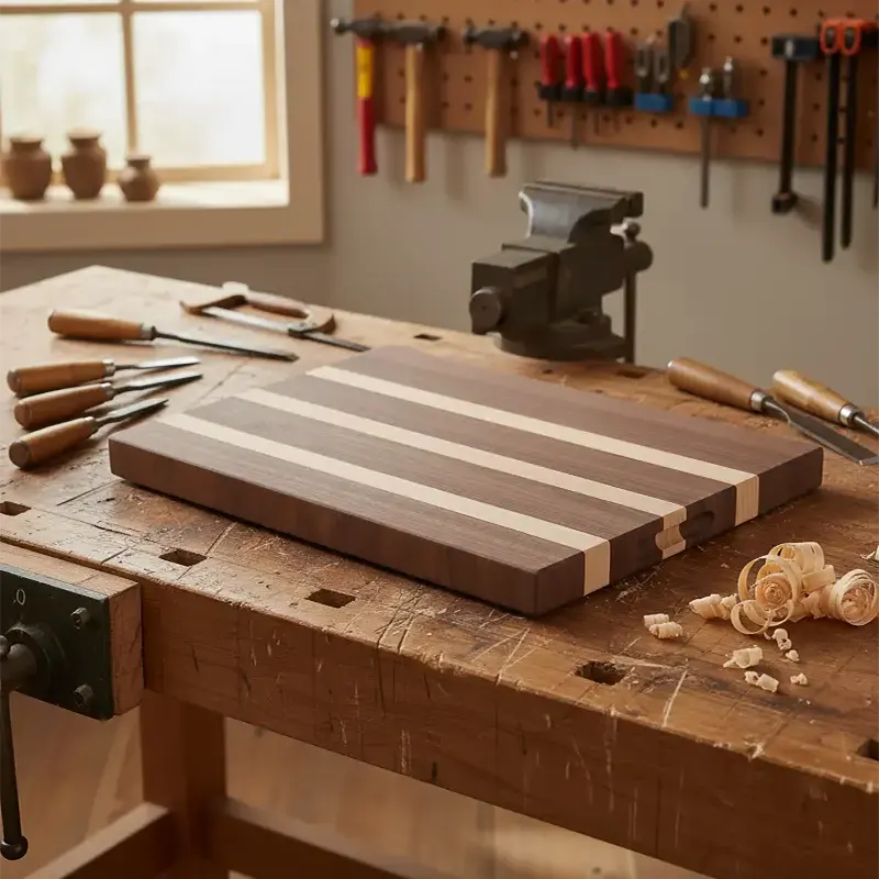Handcrafted walnut and maple striped cutting board created by StandCraft Canada, shown on a workbench with woodworking tools in the background.