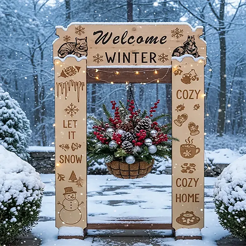 StandCraft Canada display stand decorated for winter with 'Hello Winter' sign and festive basket.
