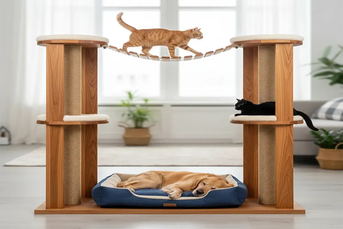 Custom wooden pet furniture by StandCraft Canada, featuring a multi-level cat tree with a rope bridge and a cozy dog bed integrated at the base.