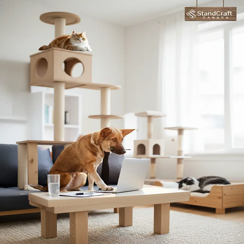 Your furry family members deserve furniture that's as beautiful and well-made as yours. At StandCraft Canada, we create custom pet furniture designed to blend seamlessly with your home decor while providing comfort and function for your pets. From elevated feeding stations that promote better digestion to cozy, durable wooden bed frames and stylish cat trees, each piece is handcrafted with pet-safe materials and finishes. Let us build something special that both you and your pet will love.