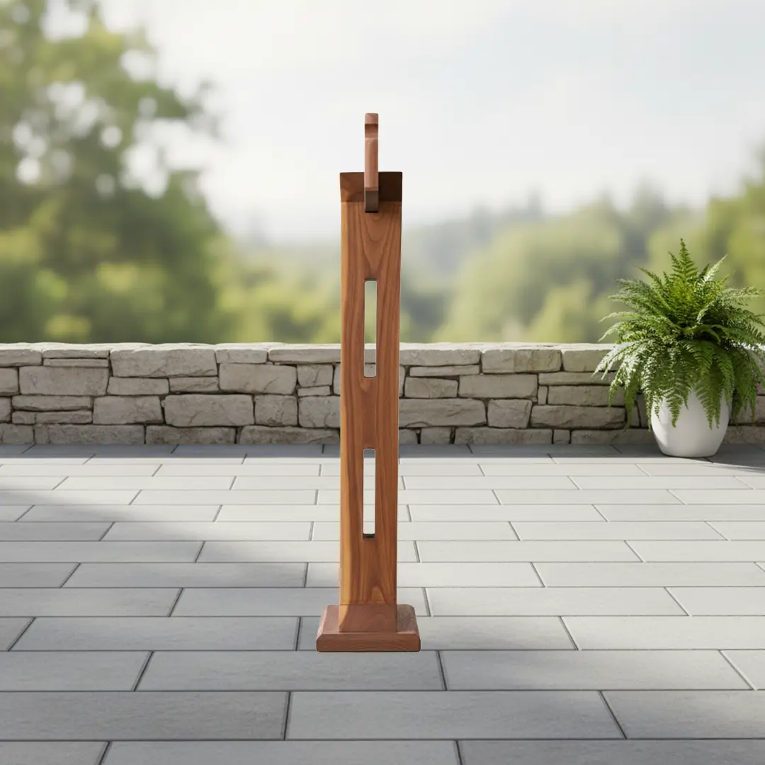 Detail showing the custom groove for the reversible top sign on a cedar display stand