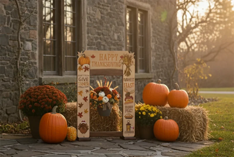 A StandCraft Canada custom display stand decorated for Thanksgiving with a seasonal 'Happy Thanksgiving' sign, pumpkins, and a fall floral arrangement.