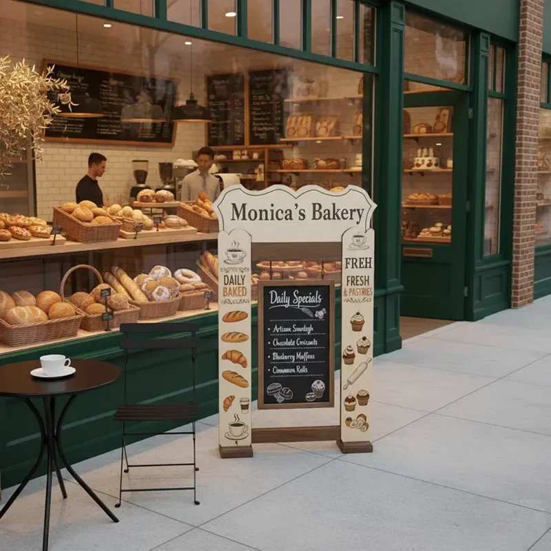 Custom wooden display stand by StandCraft Canada for 'Monica's Bakery', featuring engraved bakery illustrations, themed text, and a chalkboard menu, shown outside the shop.