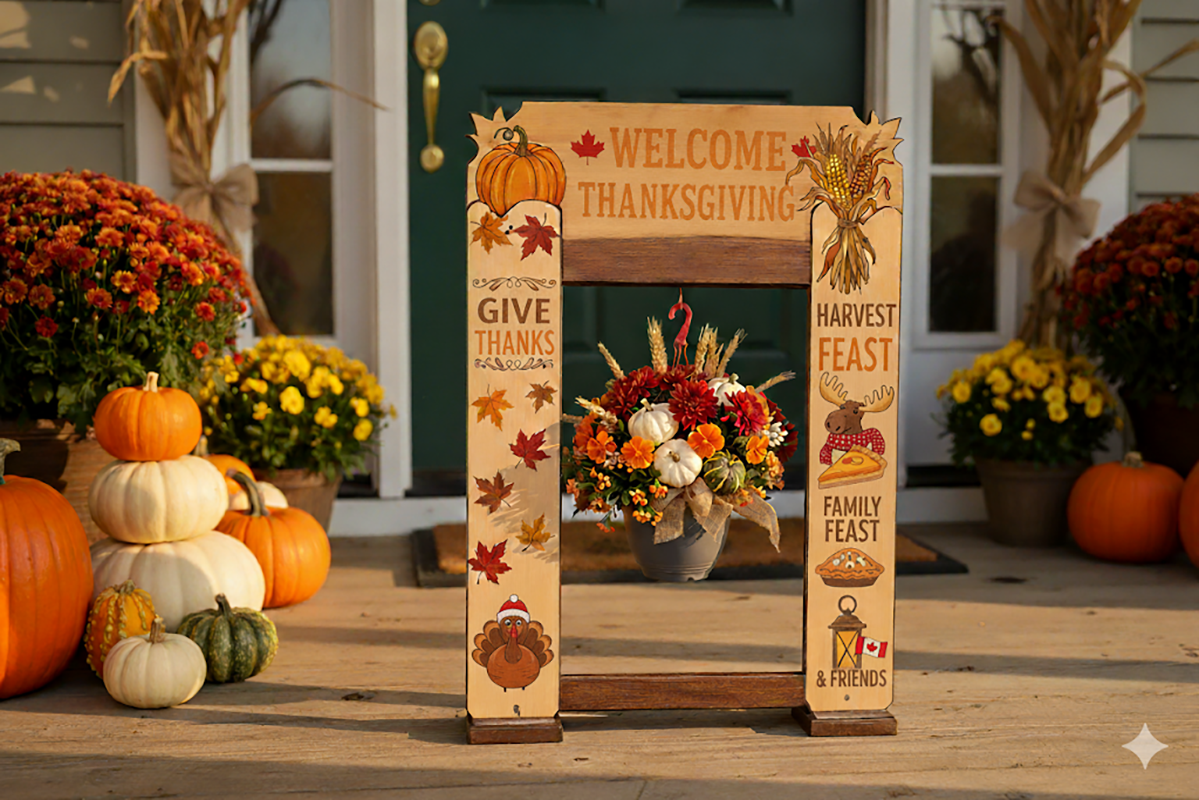 StandCraft Canada display stand decorated for Thanksgiving with autumn themes, pumpkins, a turkey illustration, and text like 'Welcome Thanksgiving' and 'Give Thanks'.